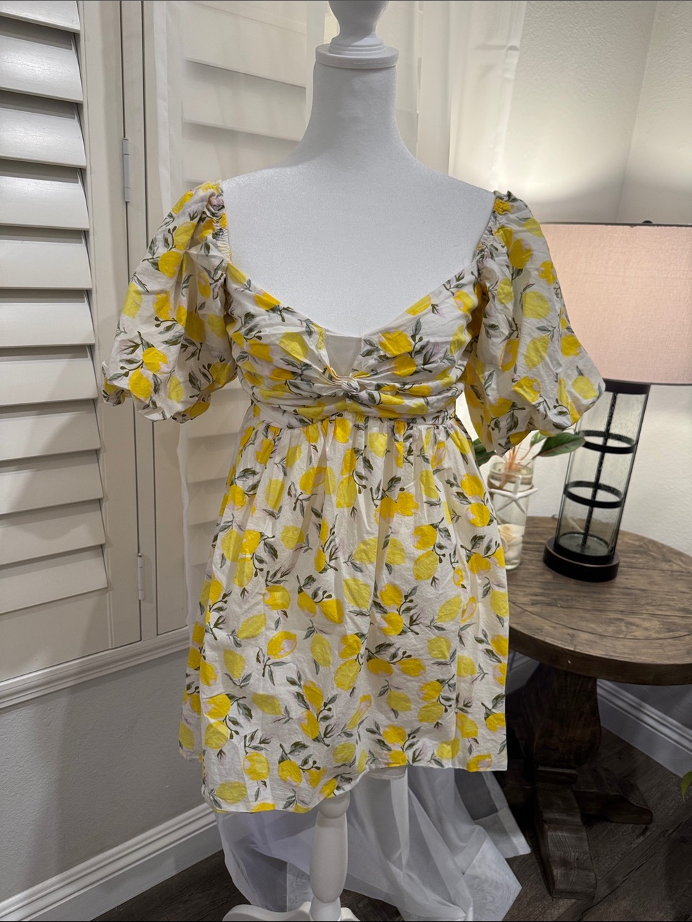 Trixxi Yellow Lemon-Print Puff Sleeve Mini Dress